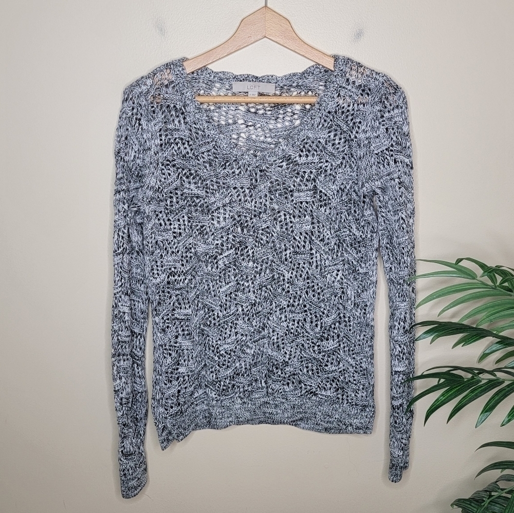 Loft Black White Gray Marled Open Knit Sweater Size Small